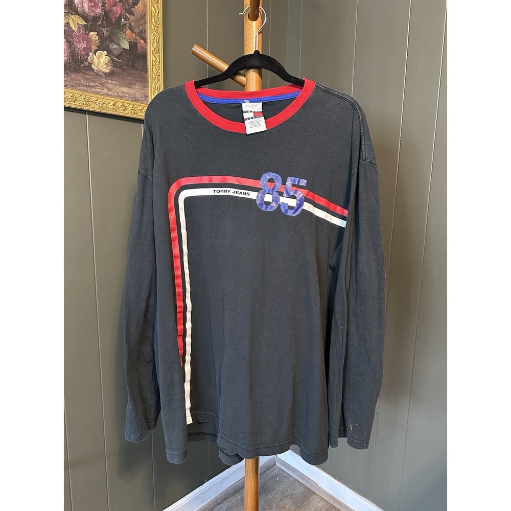 VTG Tommy Hilfiger Jeans Men's Long‎ Sleeve Graphic T-Shirt Navy Blue Size XL